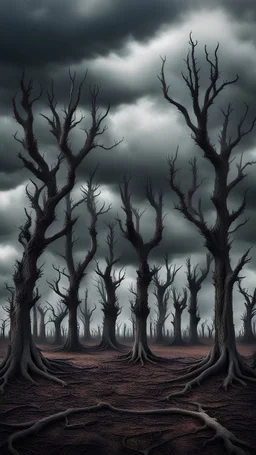 In the center there are many creepy dead trees in a row, gloomy clouds