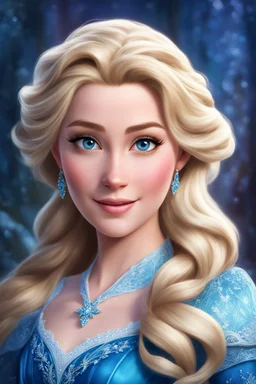 a woman with long blonde hair wearing a blue dress, portrait of elsa of arendelle, portrait of elsa from frozen, beautiful character painting, photorealistic disney, beautiful elsa, disney artist, elsa frozen, disney art style, render of mirabel madrigal, art in the style of disney, elsa from frozen, disney art, beautiful fantasy art portrait