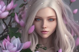 femme long cheveux blond blancs grands yeux bleus , 8k resolution, flower magnolia lotus rose, beautiful portrait, 8k resolution, flower head and body, beautiful star souriante+++