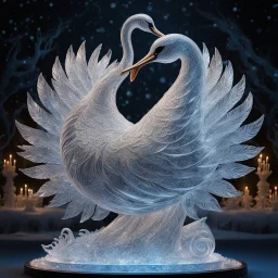 Award willing artistic ICE sculpture representing a finely chiseled fantastical swan in dynamic pose, High-quality photo shot on Kodak gold 400, hyperdetailed dynamic lighting, beautiful nighttime winterfest background, intricate filament textures, baroque design details, expansive, grand, ultra-detailed, 3d octane render, opulent zentangle deigns, rule of thirds, by Darren Jackson