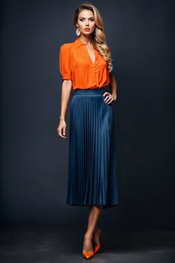 full body of very beautiful lady midi blue pleated skirt and orange bluse , Braided hair ,standing idle happy pose in studio pretty makeup,dark background