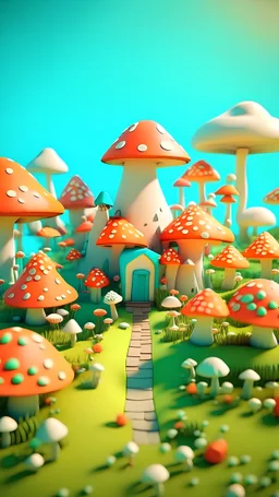 mushrooms colorful town with tiny people going to the beach wearing mushroom hat