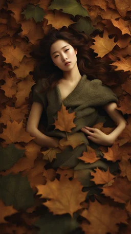 a woman laying on top of a pile of leaves, jingna zhang, portrait of female korean idol, cgsociety 9, realistic portrait photography, by Sim Sa-jeong, lensculture portrait awards, by Kim Deuk-sin, by Kim Tschang Yeul, alessio albi and shin jeongho, jinsung lim, realistic fantasy photography