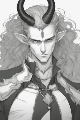 A dnd character portrait, a tiefling man with long hair and two black horns that curve backwards, white eyes and pale skin. Handsome. Young.