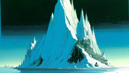 A digital serigraphy by Moebius and Myazaki of an iceberg. Cyberpunk style.