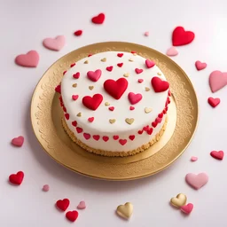 A Valentine's Day cake on a gold plate decorated with small hearts, all completely visible on a white background