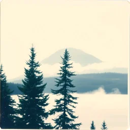 A polaroid photo of a group of fir trees in the background and a high hill in the distance. A lake. The surface below is in a pastel color. Fog is present.