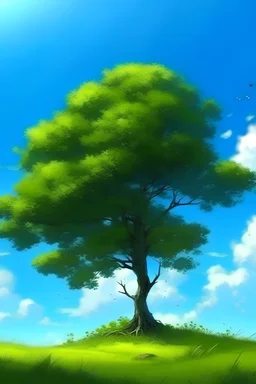 The only tree among the greenery He looks at the blue sky He wants to find a friend To talk and laugh with him