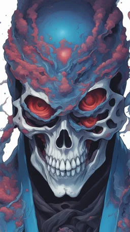 a close up of a person with a skull on their head, blue and black colors, anime skull portrait man, scary detailed art in color, hiroyuki-mitsume takahashi, nychos art aesthetic, half man half skeleton, anime cyberpunk art, colored manga art, rossdraws pastel vibrant, hot colors. insanely detailed, beautiful anime portrait, stunning anime face portrait, scary art in color