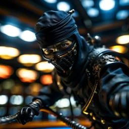 portrait of a ultra ninja with mask off and katana entering under a big air ship, photo-realistic, shot on Hasselblad h6d-400c, zeiss prime lens, bokeh like f/0.8, tilt-shift lens 8k, high detail, smooth render, down-light, unreal engine, downlight, prize winning