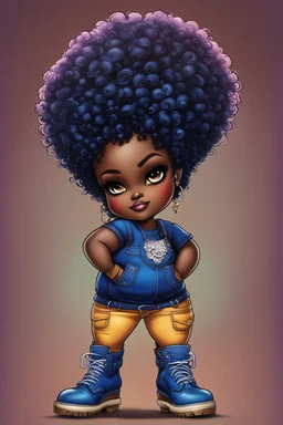 vibrant psychedelic pop punk image, airbrush, 48k, cartoon art image of a plus size chibi dark skinned Black female wearing a sapphire blue jean outfit with timberland boots. Prominent make up with brown eyes and lush lashes. Highly detailed tight curly ombre afro