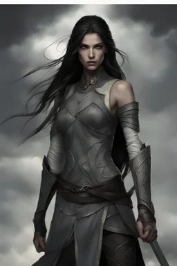 A female elf with skin the color of storm clouds, deep grey, stands ready for battle. Her long black hair flows behind her like a shadow, while her eyes gleam with a fierce silver light. Despite the grim set of her mouth, there's a undeniable beauty in her fierce countenance. She's been in a fight, evidenced by the ragged state of her leather armor and the red cape that's seen better days, edges frayed and torn. In her hands, she grips two swords, their blades spattered with an eerie green blood