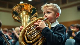 Young schoolboy playing a tuba, a brass musical instrument, award-winning colour photograph, orchestra, school hall, beautiful lighting