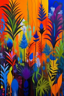 Acrylic canvass painting with orange, black, blue, yellow, red, and purple. I want it to have a natural vibe whether it’s plants, wildlife or human architecture. You could incorporate all three. I’d also like it to be somewhat easy to create.