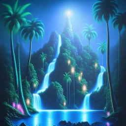 turquoise neon waterfall with palm trees sparkling at night in a cave detailed realistic glowing