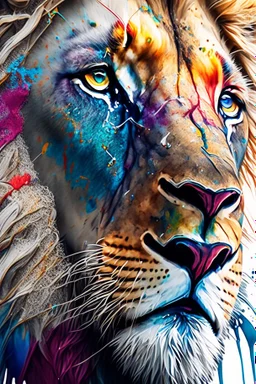 "lion", clean design, epic Instagram, art station, splash of colorful paint, contour, ((solid white background)), closeup, looking into camera, hyperdetailed intricately detailed, unreal engine, fantastical, cinema lighting, intricate detail, splash screen, complementary colors, fantasy concept art, 8k resolution, DeviantArt masterpiece, watercolor, paint dripping