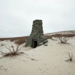 Fotografia di una ciminiera moderna brutalista, che sembra un tugurio, parzialmente sommersa. La struttura è erosa e inglobata dal paesaggio naturale, come se il tempo o l'ambiente avessero iniziato a "riassorbirla". L'atmosfera è desolata e surreale, con un ambiente circostante spoglio e sabbioso hasselblad h6d400c