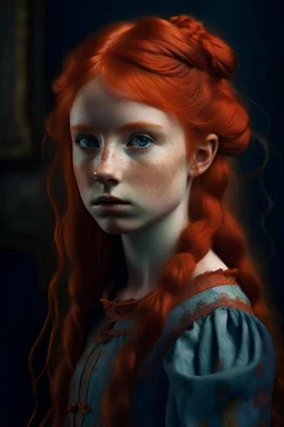 A red-haired girl with freckles. Oil portrait style. The fantasy genre. A girl with a bow and a long dress.