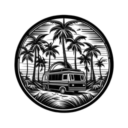 stylistic Logo for placing it on a camper Van, beach, palms, sun, black and white