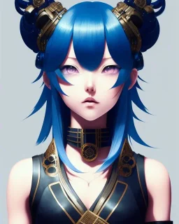 Detailed cute anime Kunoichi girl, blue hair buns, blue bangs, black latex bodysuit, intricate details, full body portrait, keep head in frame, slight smile, black Japanese motif, concept art, highly detailed, digital painting, concept art, sharp focus, illustration, art by Yoji Shinkawa, WLOP and greg rutkowski and alphonse mucha and artgerm and yanjun Chen and Junji ito and Makoto Shinkai, HDR, octane render