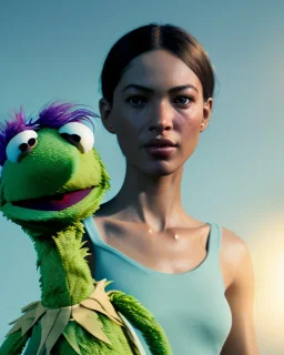 Realistic image, hybrid sexy woman body with muppet Sesame Street head, portrait, concept art, smooth, unreal engine 5, god lights, ray tracing, RTX, lumen lighting, ultra detail, volumetric lighting, 3d, finely drawn, high definition, 4k.