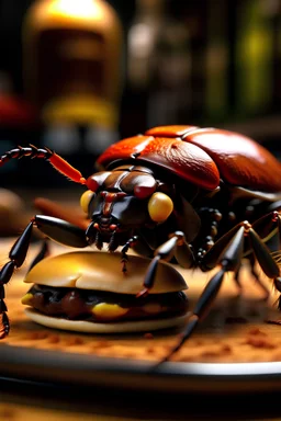 A giant beetle eating fast food