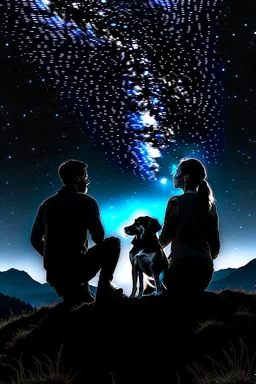 Black background on a mountaintop. A silhouette of a fit human man and a silhouette of a fit human woman sitting close to each other, looking at the stars. A large dog is in the photo behind the woman and the man.