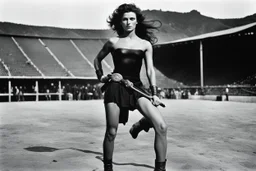 [photo by helmut newton in the arena] Her complexion, after years spent training under the sun, bore the mark of a warrior who had weathered countless battles. Though her face spoke of hardship, there was also an air of grace and serenity that emanated from her every pore. Selene's physique was a testament to her dedication and discipline. Her muscular frame hinted at her physical prowess, yet her movements were fluid, as if she danced with the wind itself. Every sinew and muscle fiber was hone