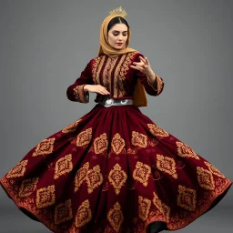 Medium shot of an Azeri woman dancing in a traditional “Arkhalig” velvet jacket and a long, flowing “Tuman” skirt embroidered with gold “Buta” patterns. She wears a “Gümüş Kemer” (silver belt) and a “Ruband” silk headscarf held by a gold “Tiara.” Her hands are performing “Şana” (comb-like) finger movements. She spins slowly, the heavy fabric of her dress billowing outward in a controlled, elegant circle.