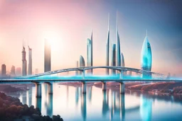 Dreamlike Skyline of Downtown futuristic hightech city in 4050 and a stunning futuristic Bridge During with dark grey clouds in sky, over the azur-silver color river, cold colors, come storm, high detalied, sci-fi, landscape