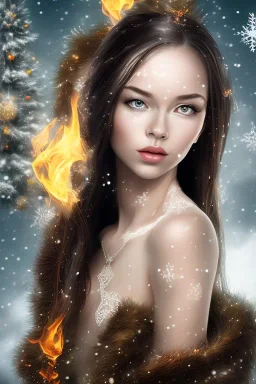 portrait young lady with big bobs black hairs Christmas in the snow and fire