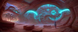 photorealistic strange paleozoic hydra "dimensional portal made of subatomic particles" in a gigantic Pueblo bejeweled palace hyeroglyphs on the walls, thunderbolt storm