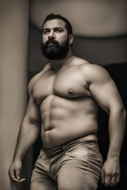 half figure photography of a chubby muscular strong 39-year-old turkish in a discoteque, ajar mouth, shirtless, short beard, bulge, dancing, serious, manly chest, very hairy, side light, view from the ground