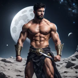 Hyper Realistic Shirtless Muscular Young Handsome king with beard & short black hair on moon with his sword in outer space