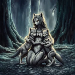 fantasy anime art from an gray bodyhair wolf female anthropomorphic wolf female hibrid kneeling hugs her two anthropomorphic wolf-kid hibrid child on field, in background tall trees wirh big trunks, rain, down on blue-green moss, hug each other , rainy day, high contrast, high detalied, atmospheric, fantasy, sci-fi mood