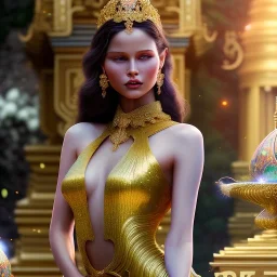 hyperdetailed oil on canvas, young Georgina Chapman by a temple fountain, beautiful, detailed face, long dark hair, surrounded by luminous colorful sparkles, airbrush, depth of field, Octane Render, by Gaspar Camps, Maxfield Parrish, Alphonse Mucha, Cyril Rolando, volumetric lighting, dusk, 16k