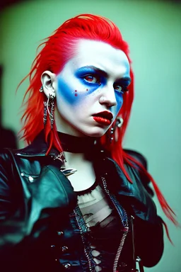 photo of a beautiful Polish young punk woman taken by a Mamiya M645 camera on colour medium-format film, red lips, blue eyes, red mohawk, black leather jacket, Ramones style, heavy boots, fishnet stockings, torn t-shirt, nosering, few earrings, belly ring