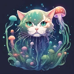 the mixture between a cat and a jellyfish logo in Japanese anime style, plants, seagrasses, galaxy, epic