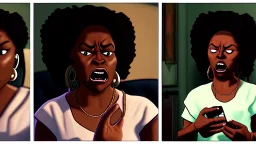 2 panels: one with an angry black lady screams on phone the other with Tyrone using a vibrating simbian