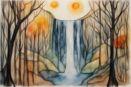 painted and burned burlap, ranforest, flora and fauna, waterfall, styles of Paul Klee Dee Nickerson and Tim Burton, melting watercolor and black ink outlines on wet paper, soft, shading strokes, in sunshine, ethereal, otherwordly, cinematic postprocessing, bokeh, dof