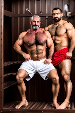 full body shot photography of two arabs angry beefy and strong carpenters unshaved embraced, ugly sitting in a steamy sauna, open legs, 48 years old, burly sweaty manly chest, angry eyes, lot of steam, photorealistic, hyper defined, 35mm lens, frontal view from the ground