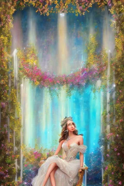 photo realistic painting ((full body)) ((stunningly attractive)) a woman sitting on a majestic chair , ((perfect feminine face)), (colorful wavy hair),, glitter, wearing a dress, intricate, 8k, highly detailed, volumetric lighting, digital painting, intense, sharp focus, sitting on a majestic luxury comfort