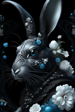 Black Rabbit portrait, textured detailed fur adorned with baroque style grey and black and rlight blue bioluminescence pearls, white lily and black diamond headdress, florals, organic bio spinal ribbed detail of detailed creative 3d baroque style light white floral by moonlight background extremely detailed hyperrealistic maximálist concept art