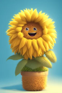 Cheery and cute sunflower in a pot avatar full body in fluffy material