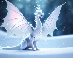 mdjrny-v4 style, a white dragon with fairy-like transparent glowing and sparkly wings standing in snow, full body, silver and teal background, glowing soft and smooth wings, realistic, highly detailed intricately detailed, shiny snowy background, soft studio lighting, trending on artstation, by artist "Julie Bell", by artist "Greg Rutkowski"