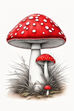 coloured outline pencil sketch of a red mushroom