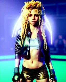 portrait, Shakira, blonde artist, angry, Realistic image, MMA robe, hoodie, mma gloves, loose long hair, fight pose, eyes, make-up, gold line make-up, moisture, sweat, fog, goddess, Neon colors, leds. Black background, photo studio, concept art, smooth, unreal engine 5, god lights, ray tracing, RTX, lumen lighting, ultra detail, volumetric lighting, 3d, finely drawn, high definition, 4k.