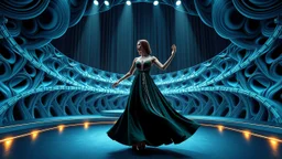 modern stage with gray-blue theme artistic decoration , color full dynamic lighting, a beautiful lady in modern maxy dark dark green dress with shining silver jwells dancing, 3D recursive fractal structure animating background