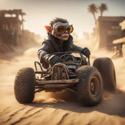 airbrush with pen outline, cool mad max pimp gremlin entering dune buggy against a wall wearing driver gloves, wearing flip down sun glasses, in the style of a fallout 4,bokeh like f/0.8, tilt-shift lens 8k, high detail, smooth render, down-light, unreal engine, prize winning