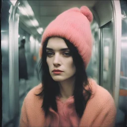 Beatrice dalle, sad,in the metro in the style of a polaroid,, pink,orange, with a knitted hat, eyes closed